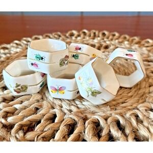 Set of 6 VTG Porcelain Napkin‎ Rings Gold Trim Name Card Slot Insects Strawberry